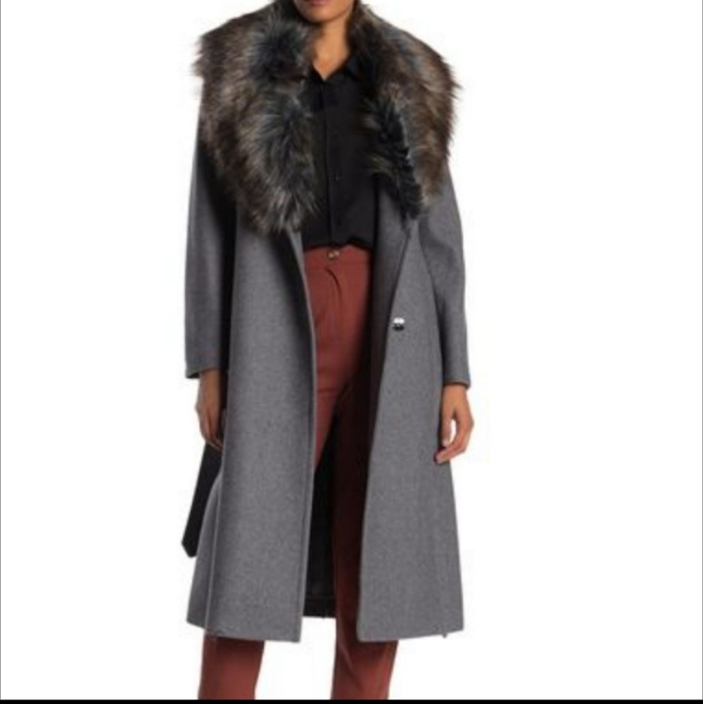 BCBG Max Azria Full Length Wool Blend Coat with Faux Fur Collar